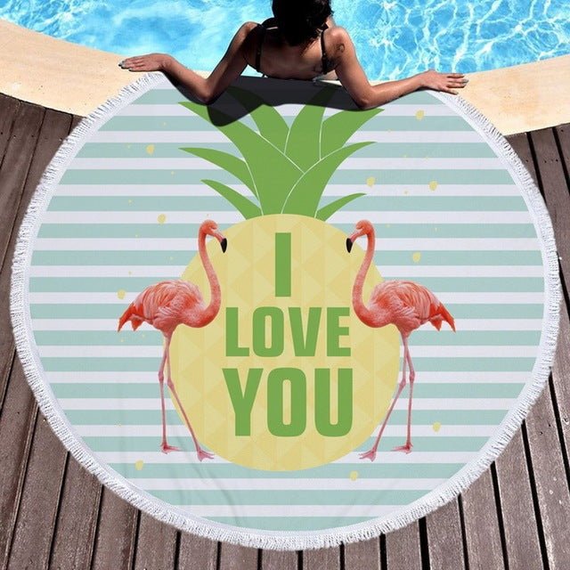 Flamingo Round Beach Towel - Customizable Microfiber, Fringed Lace Design - Aqova