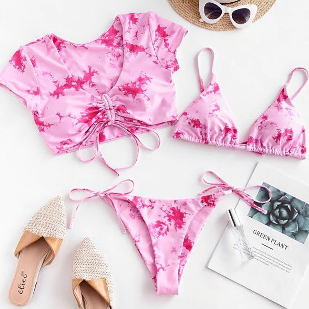 Floral Three - Piece Bikini - Quick - Drying, Sexy Backless Swimwear - Aqova