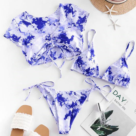 Floral Three - Piece Bikini - Quick - Drying, Sexy Backless Swimwear - Aqova