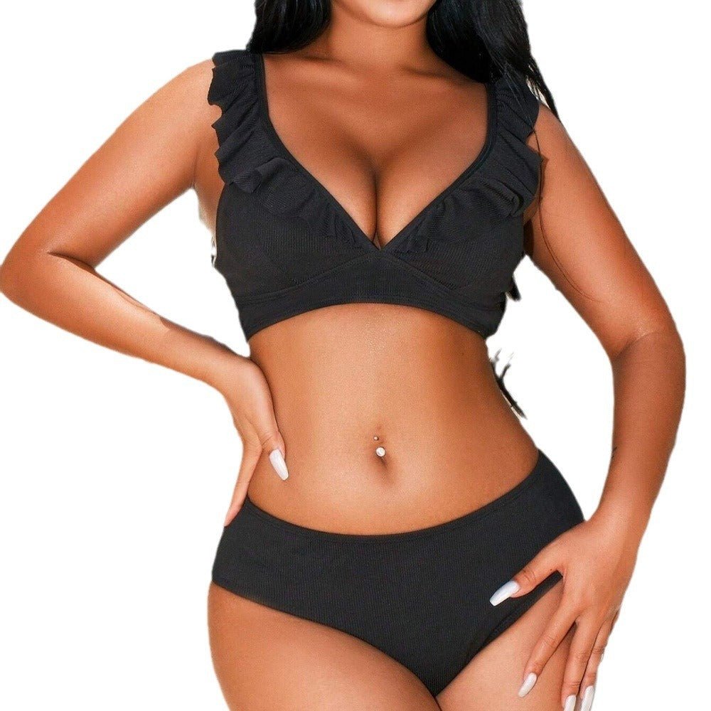 Fresh And Retro Striped Split Small Chest Bikini Vacation Swimwear - Aqova