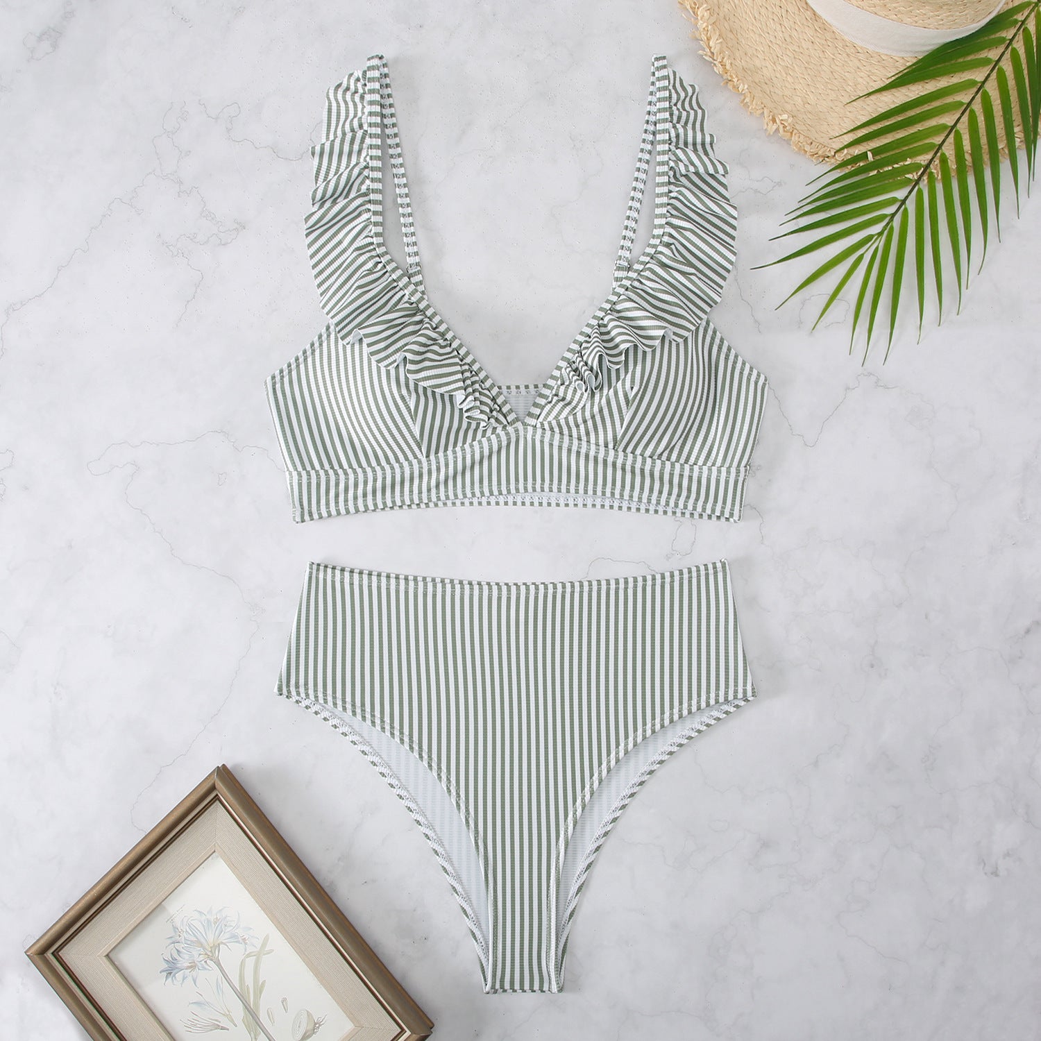 Fresh And Retro Striped Split Small Chest Bikini Vacation Swimwear - Aqova