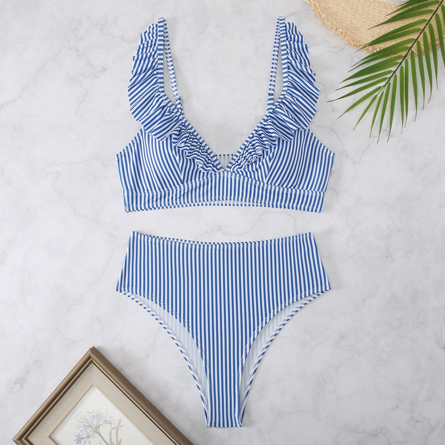 Fresh And Retro Striped Split Small Chest Bikini Vacation Swimwear - Aqova