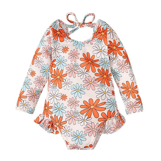 Girl's Floral Graphic Print Open Back Swimsuit - Comfortable Swimwear - Aqova