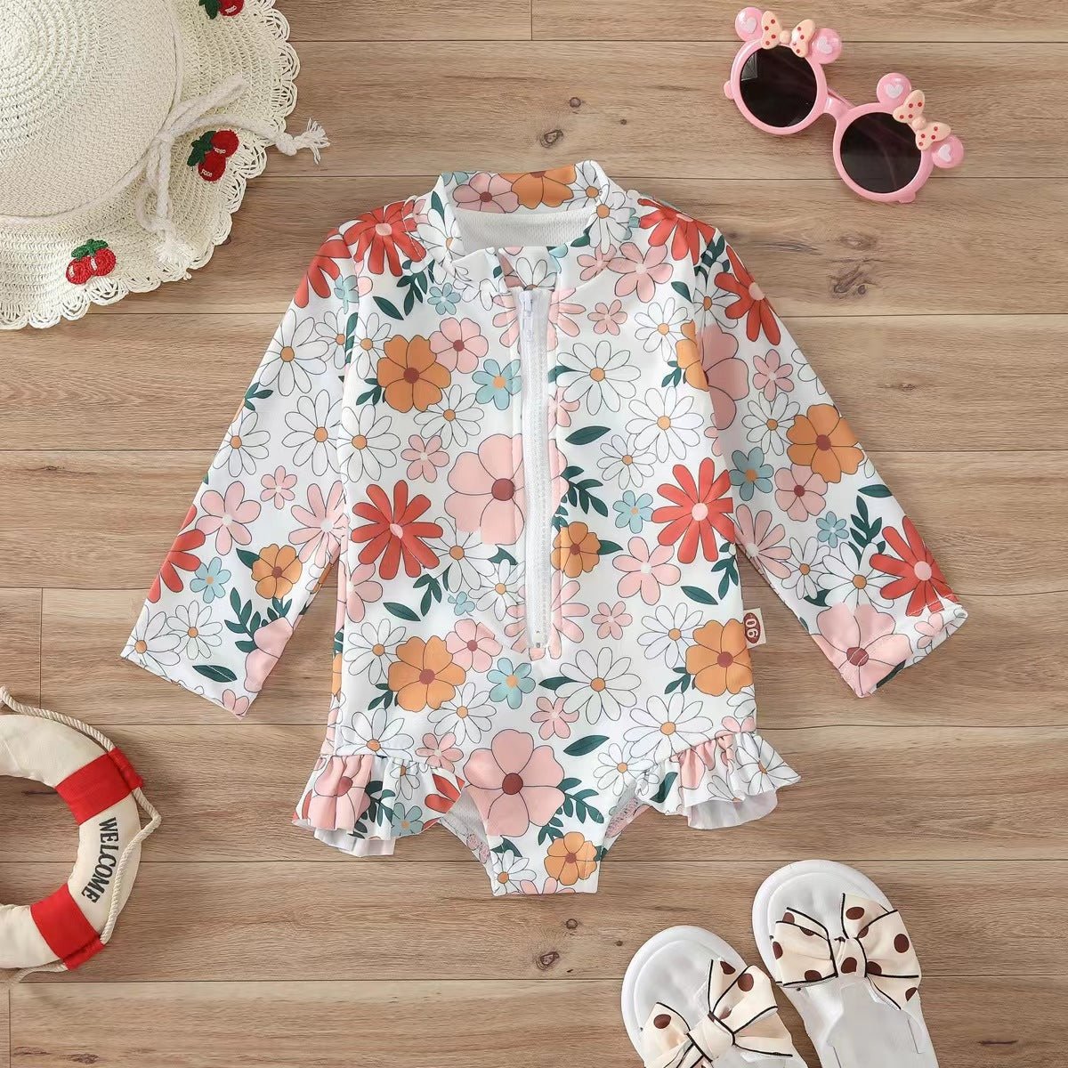 Girls' Floral Zipper Romper Swimsuit - Cute Swimwear for Summer Fun - Aqova