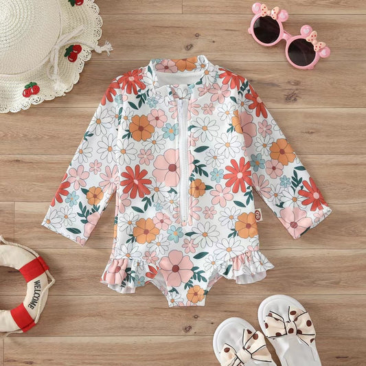 Girls' Floral Zipper Romper Swimsuit - Cute Swimwear for Summer Fun - Aqova