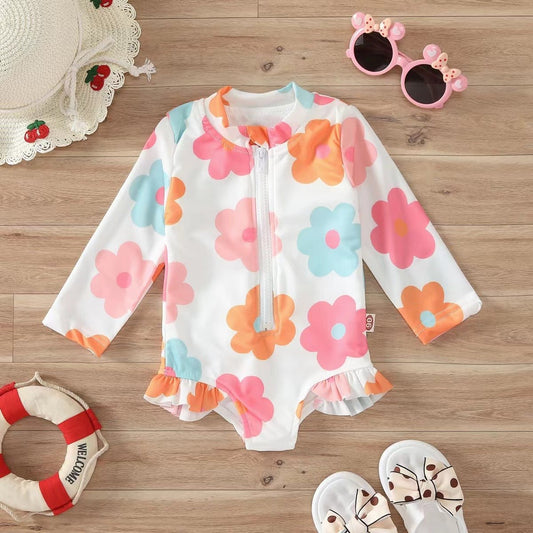 Girls' Floral Zipper Romper Swimsuit - Cute Swimwear for Summer Fun - Aqova