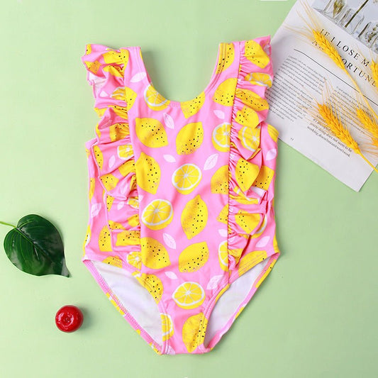 Girls' Ruffled Green Leaf Pattern Swimsuit - Stylish One - Piece Swimwear - Aqova