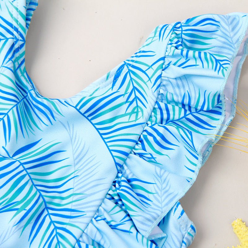 Girls' Ruffled Green Leaf Pattern Swimsuit - Stylish One - Piece Swimwear - Aqova