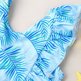 Girls' Ruffled Green Leaf Pattern Swimsuit - Stylish One - Piece Swimwear - Aqova
