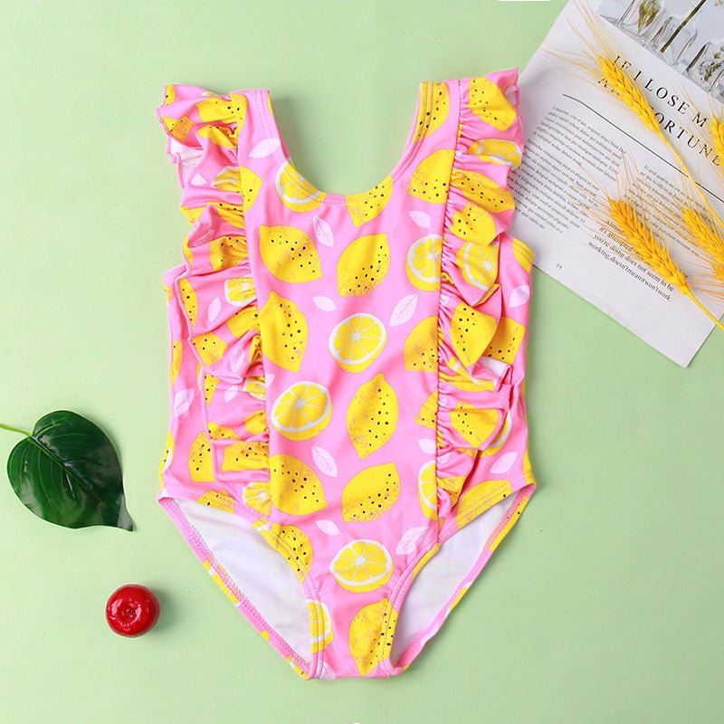 Girls' Ruffled Green Leaf Pattern Swimsuit - Stylish One - Piece Swimwear - Aqova