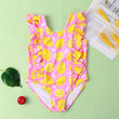 Girls' Ruffled Green Leaf Pattern Swimsuit - Stylish One - Piece Swimwear - Aqova