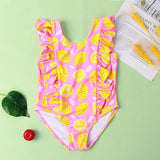 Girls' Ruffled Green Leaf Pattern Swimsuit - Stylish One - Piece Swimwear - Aqova