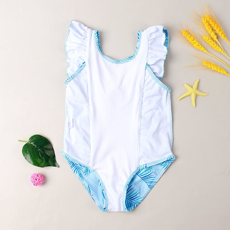 Girls' Ruffled Green Leaf Pattern Swimsuit - Stylish One - Piece Swimwear - Aqova
