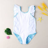 Girls' Ruffled Green Leaf Pattern Swimsuit - Stylish One - Piece Swimwear - Aqova