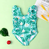 Girls' Ruffled Green Leaf Pattern Swimsuit - Stylish One - Piece Swimwear - Aqova