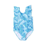 Girls' Ruffled Green Leaf Pattern Swimsuit - Stylish One - Piece Swimwear - Aqova