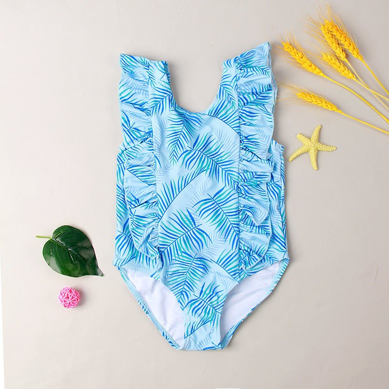 Girls' Ruffled Green Leaf Pattern Swimsuit - Stylish One - Piece Swimwear - Aqova