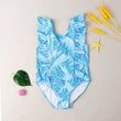 Girls' Ruffled Green Leaf Pattern Swimsuit - Stylish One - Piece Swimwear - Aqova