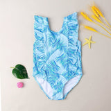 Girls' Ruffled Green Leaf Pattern Swimsuit - Stylish One - Piece Swimwear - Aqova