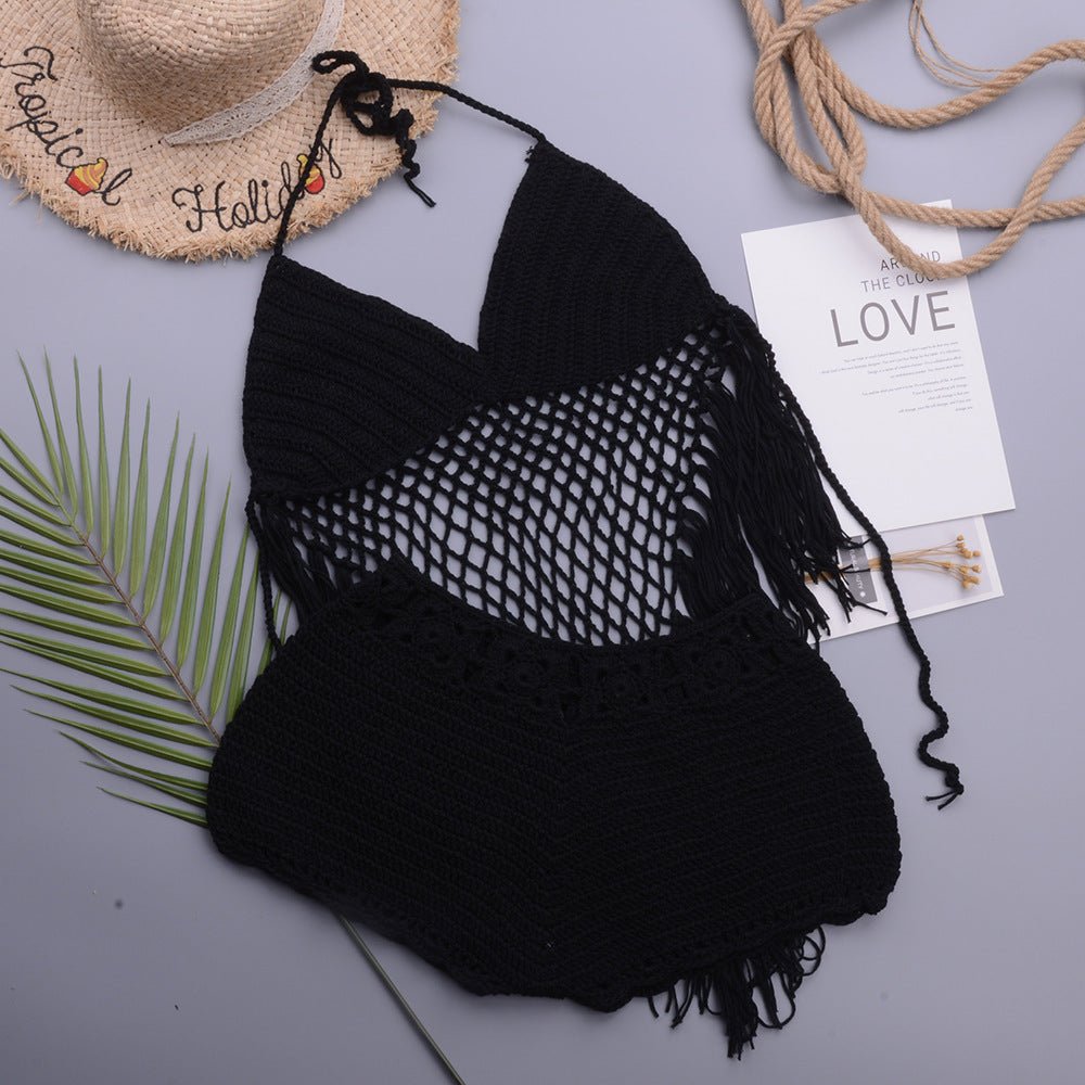 Hollow Crochet Tassel Strap Top Split Swimsuit - Aqova