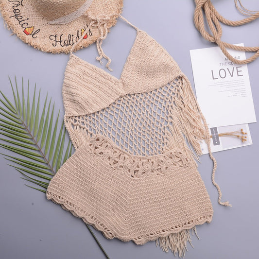Hollow Crochet Tassel Strap Top Split Swimsuit - Aqova