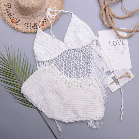 Hollow Crochet Tassel Strap Top Split Swimsuit - Aqova