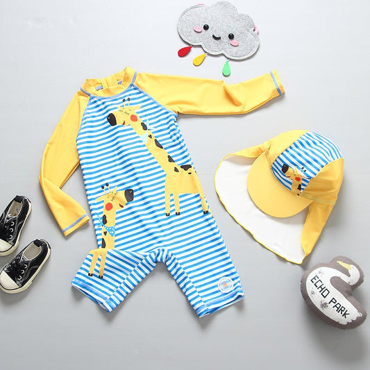 Kids Thermal Quick - Drying Surfing Suit - Blue Striped Giraffe Design - Aqova