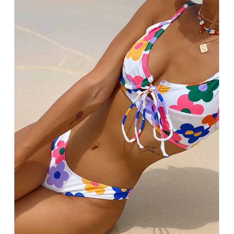 Ladies Fashion Floral Split Backless Bikini - Aqova