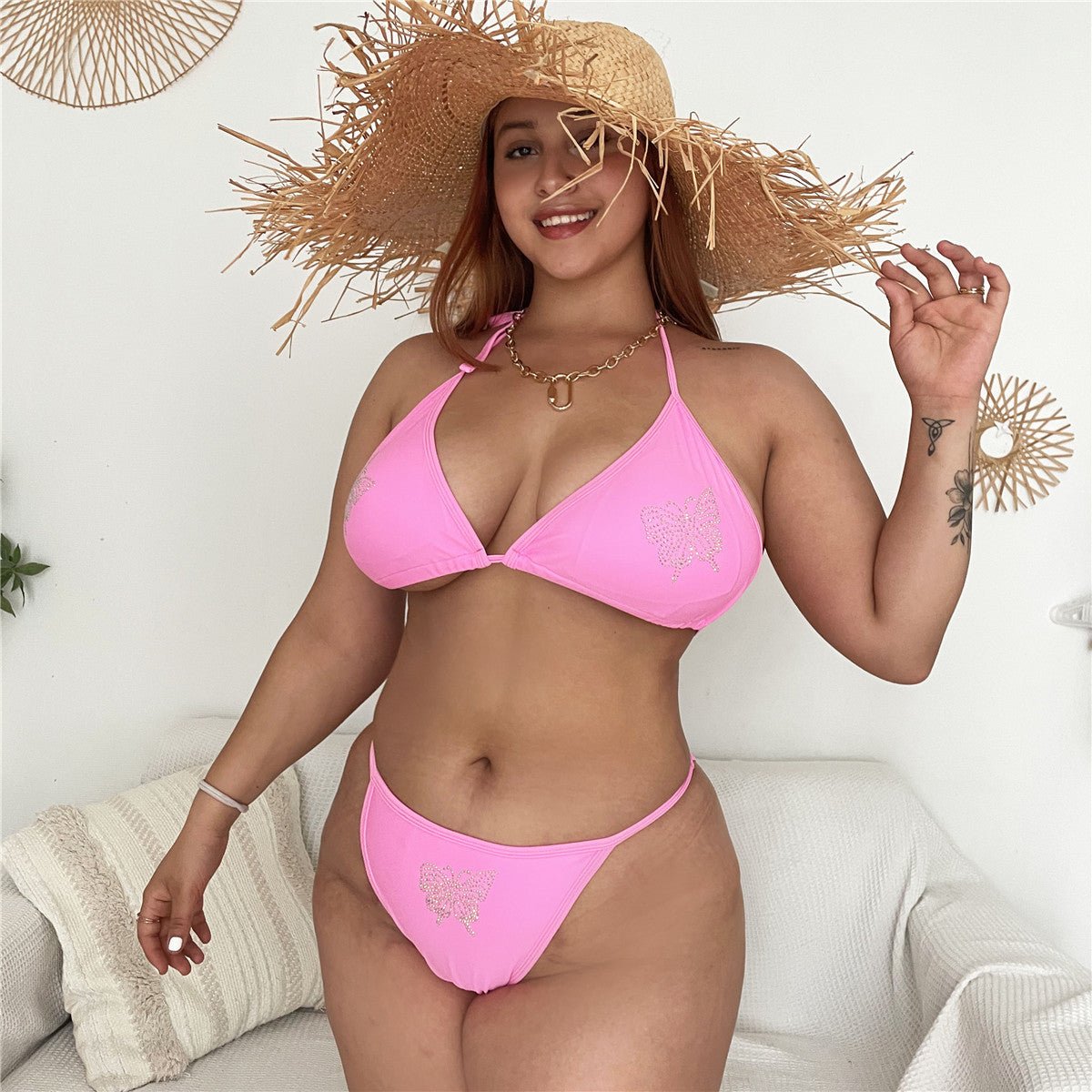Ladies Solid Color Plus Size Rhinestone Lace - Up Swimsuit - Aqova