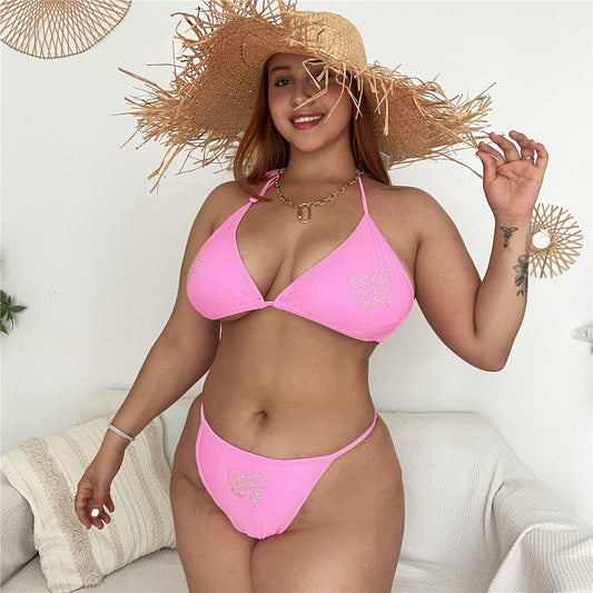 Ladies Solid Color Plus Size Rhinestone Lace - Up Swimsuit - Aqova