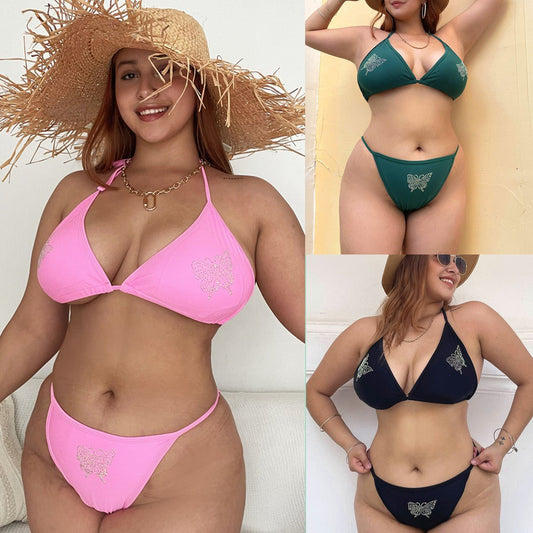 Ladies Solid Color Plus Size Rhinestone Lace - Up Swimsuit - Aqova