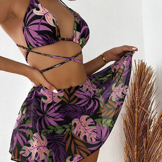 Leaf Print Bikini Women's Three - piece Two - piece Swimsuit - Aqova