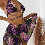 Leaf Print Bikini Women's Three - piece Two - piece Swimsuit - Aqova