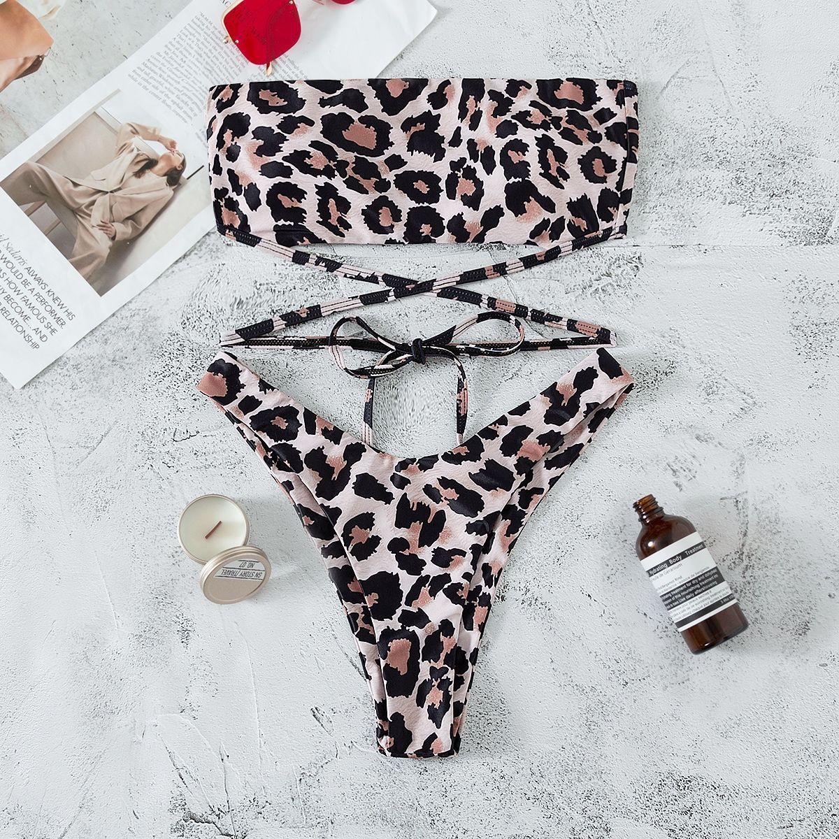 Leopard Print Bikini Bandeau Split Swimsuit - Aqova