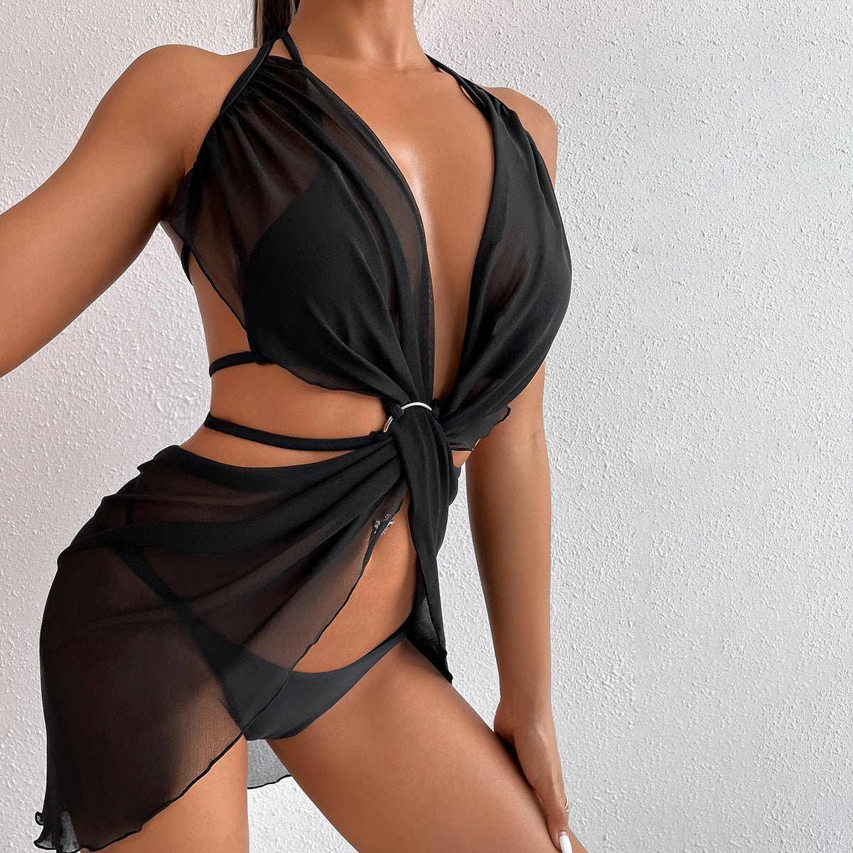 Mesh Swimsuit Ladies Black Bikini Three Piece Set - Aqova