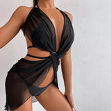 Mesh Swimsuit Ladies Black Bikini Three Piece Set - Aqova