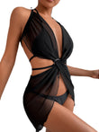 Mesh Swimsuit Ladies Black Bikini Three Piece Set - Aqova