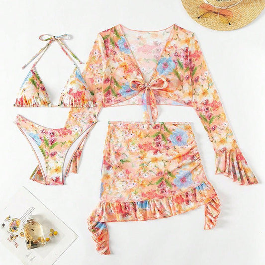 New European And American Printing Stylish Beach Dress Bikini Four - piece Suit - Aqova