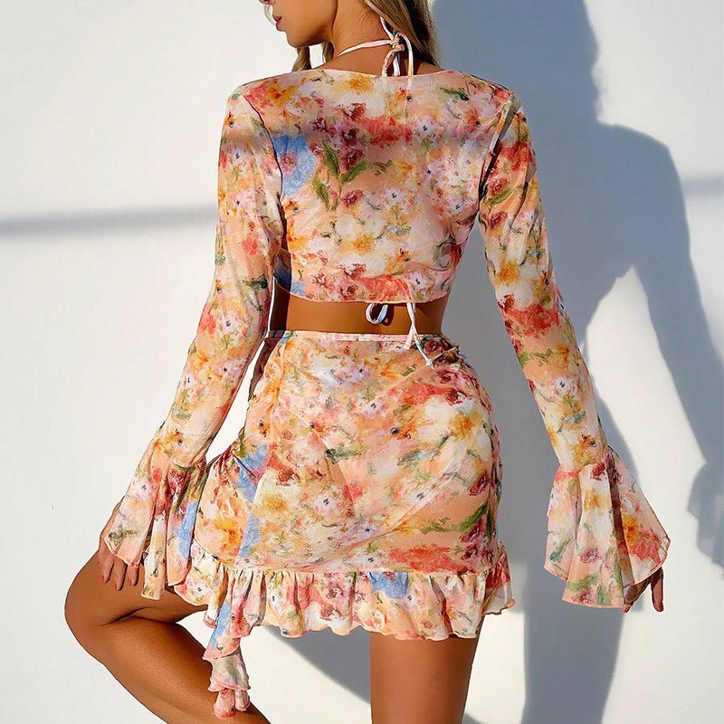 New European And American Printing Stylish Beach Dress Bikini Four - piece Suit - Aqova
