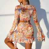 New European And American Printing Stylish Beach Dress Bikini Four - piece Suit - Aqova