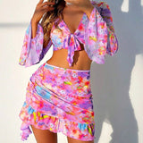 New European And American Printing Stylish Beach Dress Bikini Four - piece Suit - Aqova