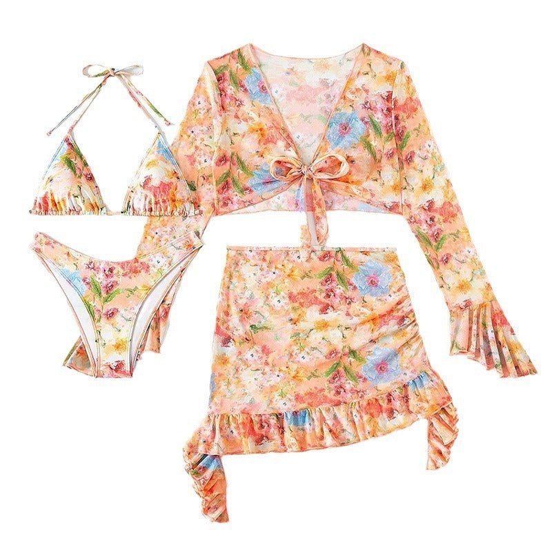 New European And American Printing Stylish Beach Dress Bikini Four - piece Suit - Aqova