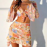 New European And American Printing Stylish Beach Dress Bikini Four - piece Suit - Aqova