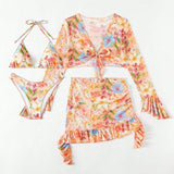 New European And American Printing Stylish Beach Dress Bikini Four - piece Suit - Aqova