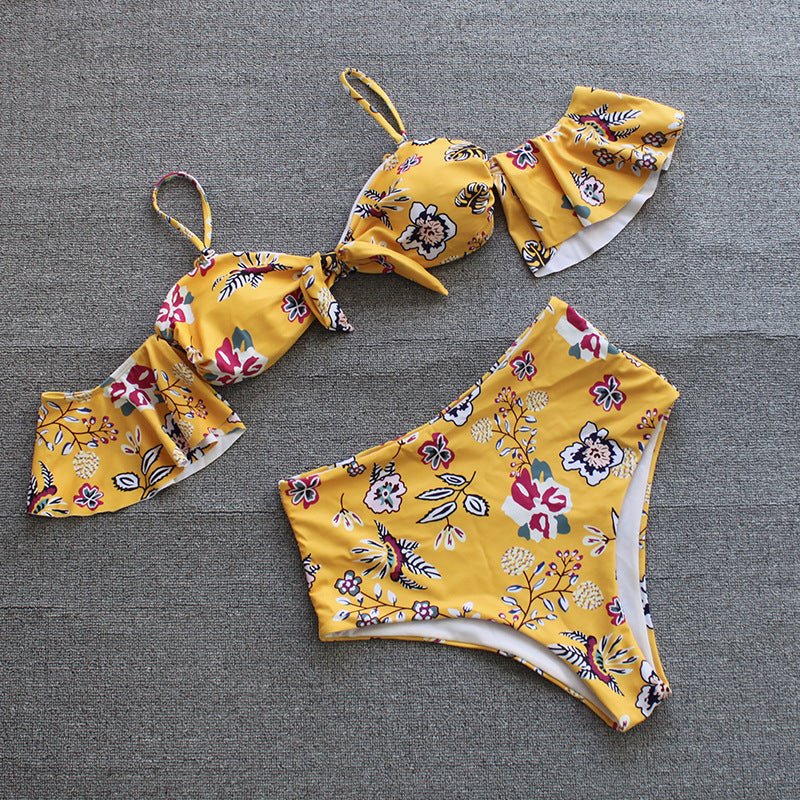 One - shoulder Lotus Split High Waist Leaf Print Swimsuit - Aqova