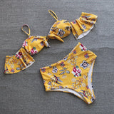 One - shoulder Lotus Split High Waist Leaf Print Swimsuit - Aqova