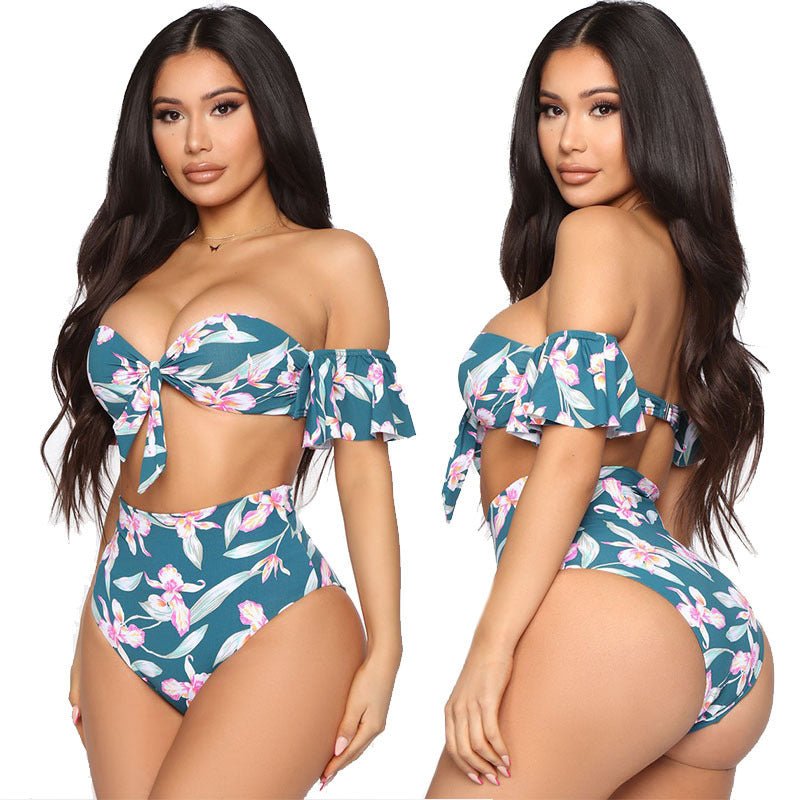 One - shoulder Lotus Split High Waist Leaf Print Swimsuit - Aqova