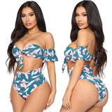 One - shoulder Lotus Split High Waist Leaf Print Swimsuit - Aqova