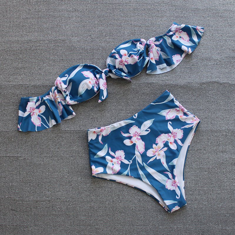 One - shoulder Lotus Split High Waist Leaf Print Swimsuit - Aqova