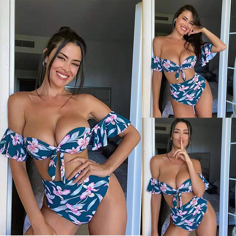 One - shoulder Lotus Split High Waist Leaf Print Swimsuit - Aqova